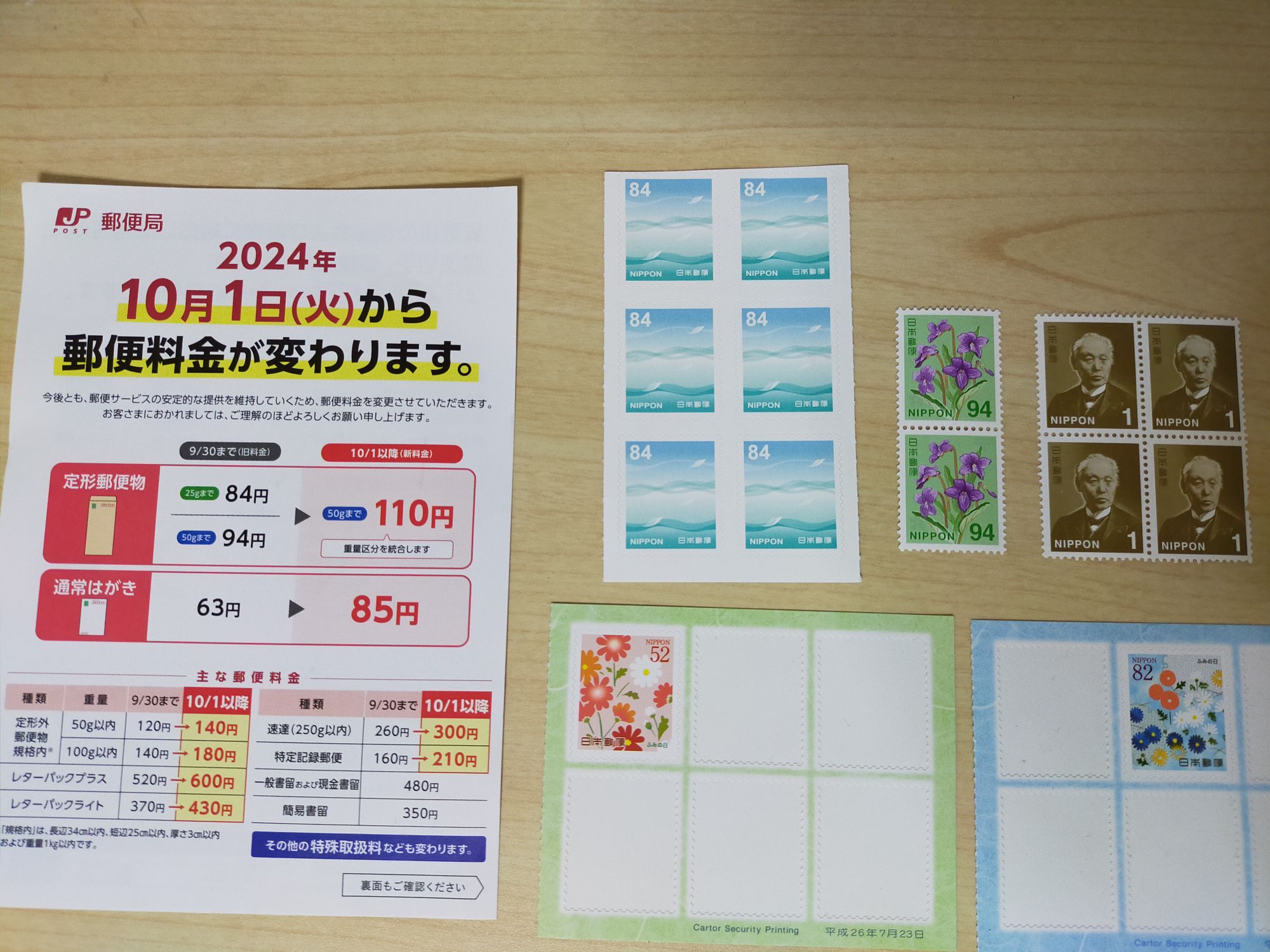 10/1から郵便料金が値上がりすると知る（ハガキ85円、封筒110円になる